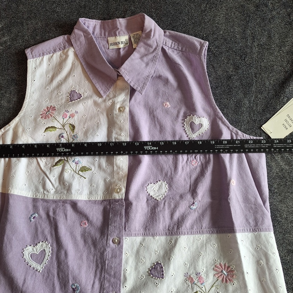 VTG Fashion Bug Embroidered Blouse Womans 18/20 Purple/White Floral Heart Button - Picture 8 of 11
